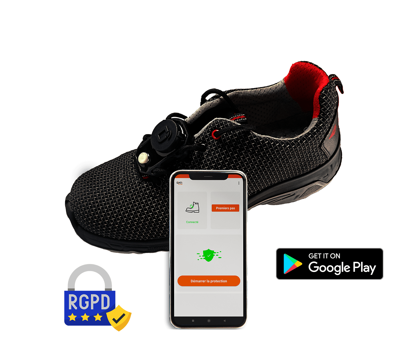 graphisme datiplus connect accompagné d'un smartphone, disponible sur le google play store. Protection selon les lois RGPD